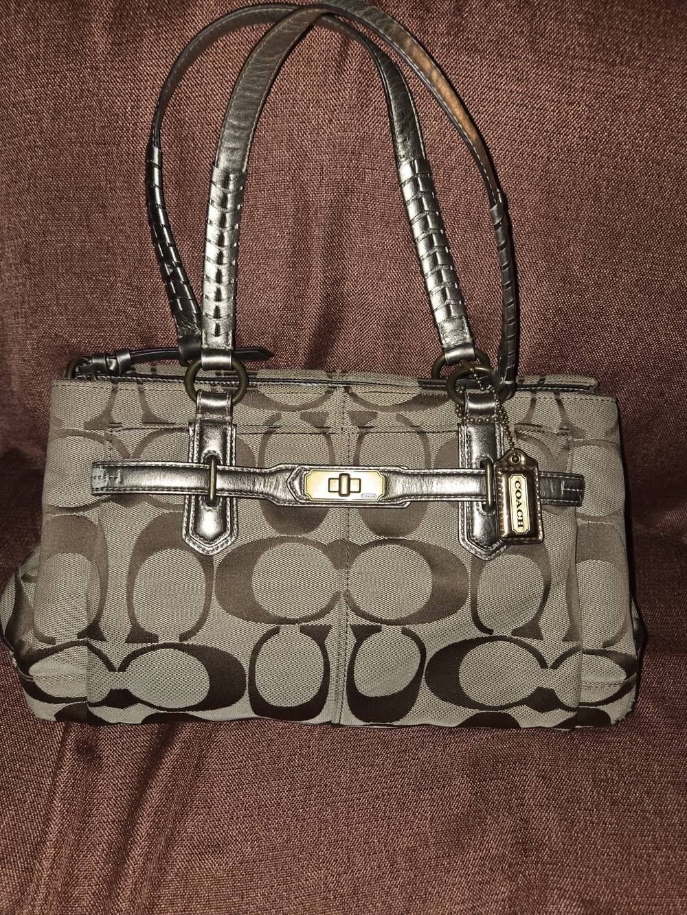 Coach Brown Signature Canvas Tote with Metallic Trim